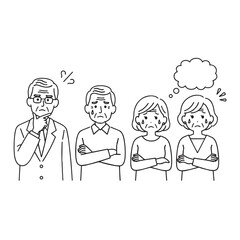 Line drawing depicting a doctor pondering a difficult diagnosis, facing distressed family members. The family is worried, with tears and crossed arms.