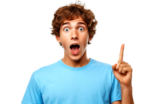 Surprised young man celebrating a new idea in a studio environment captured emotionally cut out on transparent background
