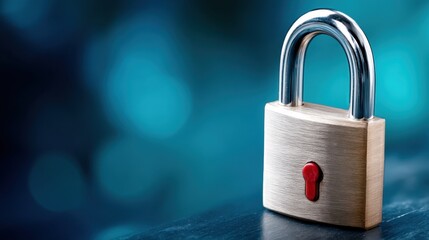 A metallic padlock is positioned on a dark wooden surface against a softly blurred blue background.