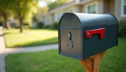 Mailbox stands sunny suburban neighborhood. Red flag up, potential mail delivery. Retirement, finance, personal security, financial check waiting. Home, residential area. Community peaceful living.