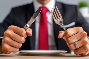 A man dressed in formal attire is seated at a dining table, holding a knife in one hand and a fork in the other, prepared to enjoy a meal.