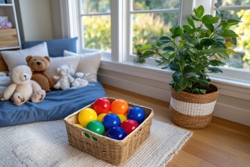 A woven basket filled with vibrant plastic balls rests on a soft rug, next to a cozy corner with plush toys, all illuminated by warm daylight streaming through the window.