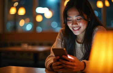Young Asian woman checks smartphone at night restaurant. Smiling female using mobile device, reading text message, chatting. Lady happy with phone application, surfing internet, online communication.