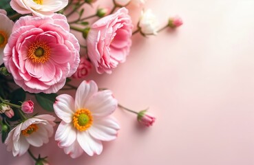 Fototapeta premium Tender spring bouquet with pink white flowers. Floral arrangement for wedding invitation. Perfect for romantic greeting cards. Beautiful floral background, wedding, Valentines Day or Mothers Day.