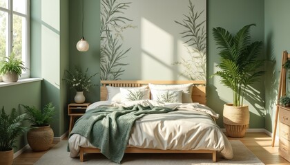 Serene green bedroom with botanical print accent wall, natural wood furniture. Cozy interior design, modern home decor with bed, pillows, blanket. Comfortable apartment, nobody in room. Perfect for