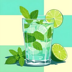 Vector drawing with a glass of mojito in an expressive style.