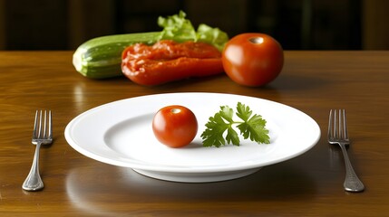 Single tomato on a plate, with cutlery and other vegetables.