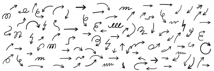 Curved, Zigzag and Spiral Arrows Doodle Set in Sketchy Hand Drawn Style &ndash; Black Vector Symbols for Directions, UX/UI Interfaces, School Presentations, and Marketing Graphics
