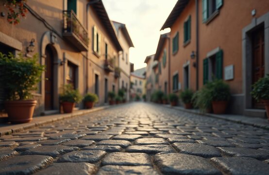 Fototapeta Cobblestone street historic buildings. Charming old town alleyway. Narrow road with ancient architecture, European cityscape. Stone houses with windows, plants in pots. Travel tourism, urban