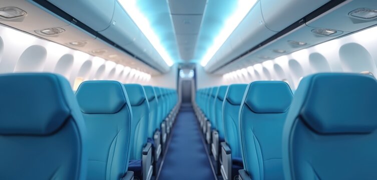 Modern airplane cabin interior with blue seats, glow normal light ambient. Empty passenger seats in aircraft. Sunny day flight, travel concept. Business class interior. Blue theme.