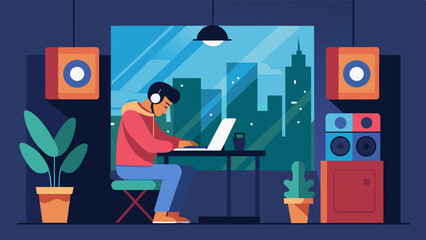 The penthouses stateoftheart sound system provided the perfect background music to keep the freelancer in the zone.. Vector illustration