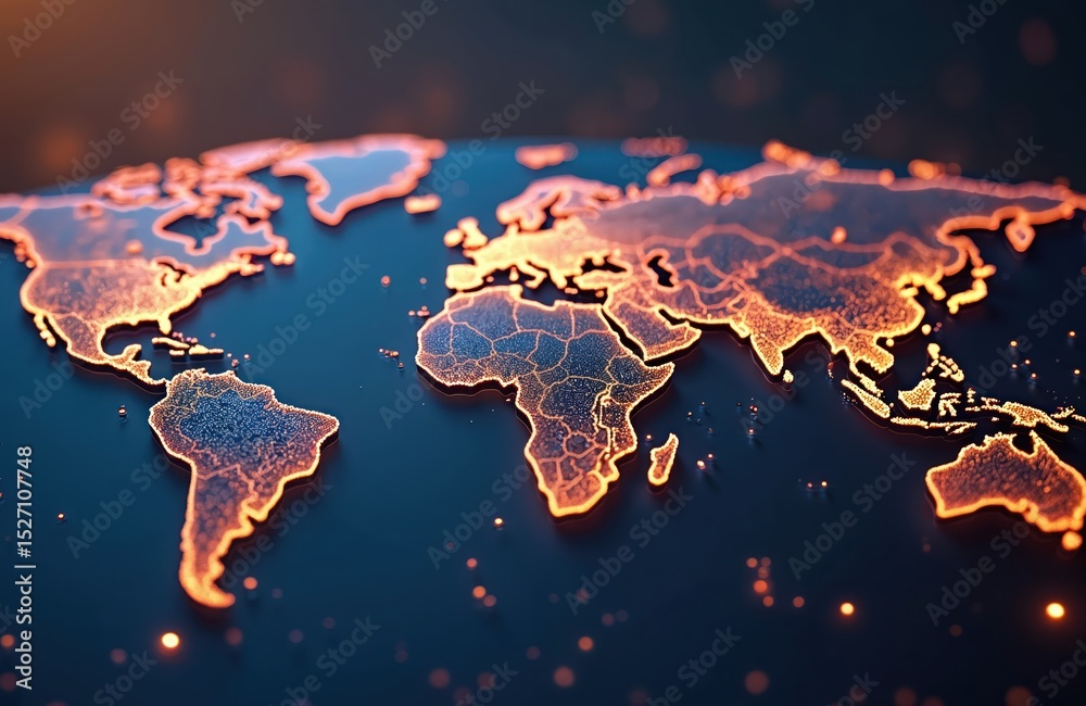 Poster global network map with digital data flow. world map with glowing orange connections illustrating di