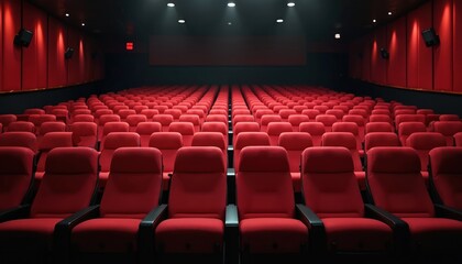 Empty red seats in cinema. Movie theater auditorium with rows of velvet seats ready for movie night. Dark atmosphere before film showtime, theater interior.