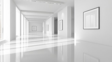 Fototapeta premium Minimalist white hallway with glossy floor, sunlight, and framed artwork.