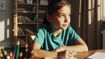 Portrait of cute happy school kid girl at home making homework. Little child writing with pencils - Powered by Adobe