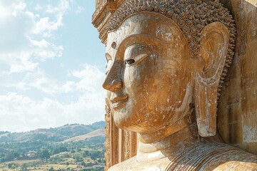 Majestic Golden Buddha Statue in Myanmar with Panoramic Mountain View