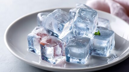Obraz premium Clear Ice Cubes on a White Plate with a Mint Leaf