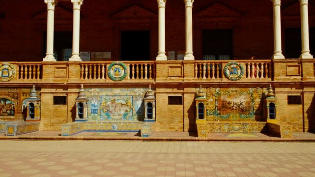 A majestic neoclassical facade ringed by arched porticos and decorated with vibrant azulejo benches at Plaza de Espana, Seville, Andalusia, Spain