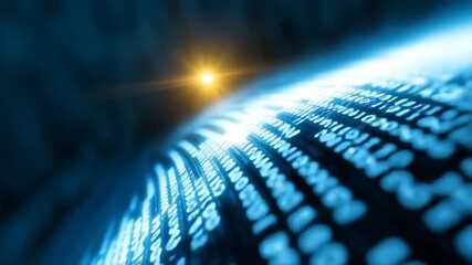 A vast digital landscape showcases streams of binary code flowing through a dark environment. Background creating a futuristic atmosphere
