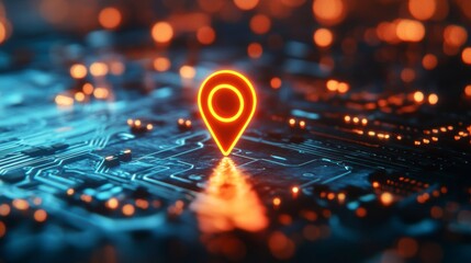 Glowing location pin on a circuit board, representing digital mapping and geolocation technology.