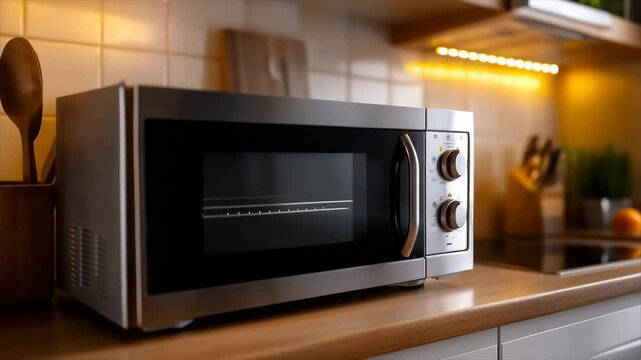 Modern kitchen with sleek microwave on counter during afternoon light hours
