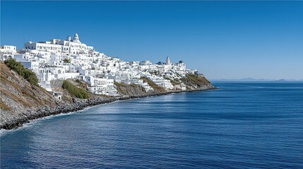 Picturesque white village nestled on a hillside overlooking the ocean.