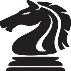 Isolated black and white graphic of a chess knight piece on a white background in a minimalist style