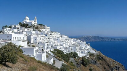 Whitewashed village nestled on a hillside overlooking the sea.