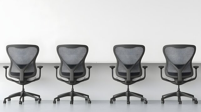 Four modern office chairs in a row.