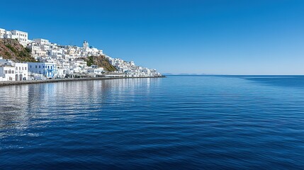 Picturesque harbor town reflected in calm ocean water.