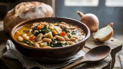 Hearty Tuscan bean and kale soup (Ribollita) in a rustic bowl, served with crusty bread and onion on a wooden table by a window.
