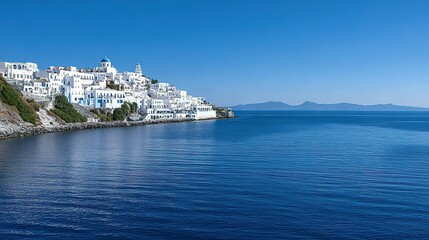 Whitewashed town on a Mediterranean shore.