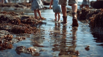 Energetic group of friends walking together through shallow water enjoying a fun day outdoors in the sun