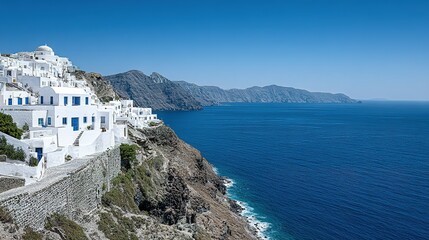 Picturesque whitewashed village nestled on a cliff overlooking a tranquil ocean.