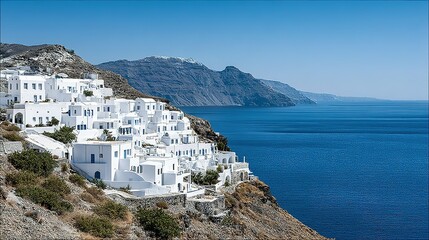 White buildings cling to a hillside overlooking a vast body of water.