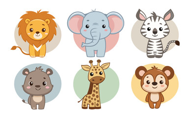 Obraz premium Set of Happy Safari Animal Clipart for Kids Featuring Cartoon Jungle Creatures with Transparent Background Ideal for Print and Digital Use