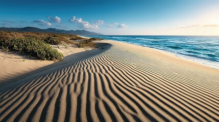 Coastal dunes meet the ocean at sunrise.