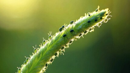 Naklejka premium Close-Up of Green Stem Infested with Tiny Black Insects in Nature