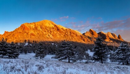 Sunrise glow on the Boulder flatirons after a snow storm