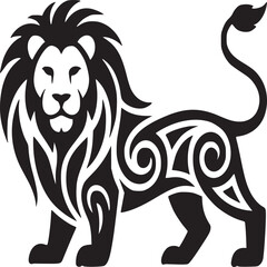 Illustration of a black lion with decorative swirls on its body standing on a white background © Master