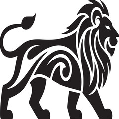 Illustration of a stylized black lion with tribal patterns on a white background in profile view