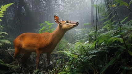 Small deer amidst lush green foliage in a misty forest setting