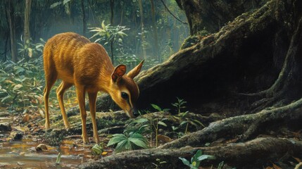 Small Deer Grazing in Lush Green Forest with Soft Morning Light