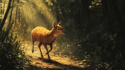 Young Deer Walking Through Sunlit Forest Pathway in Nature
