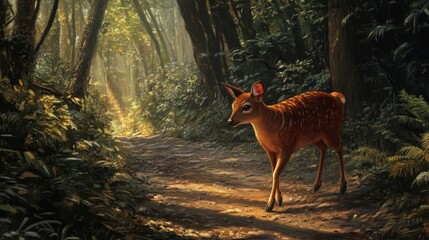 Serene Forest Scene with Deer Walking Along Forest Pathway