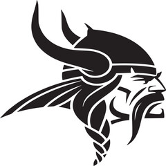 A black and white graphic illustration of a viking head with horned helmet and braided beard design