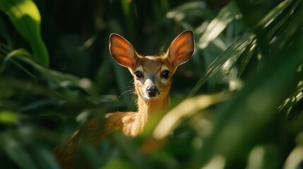 Curious Young Deer Peeking Through Lush Greenery in Nature