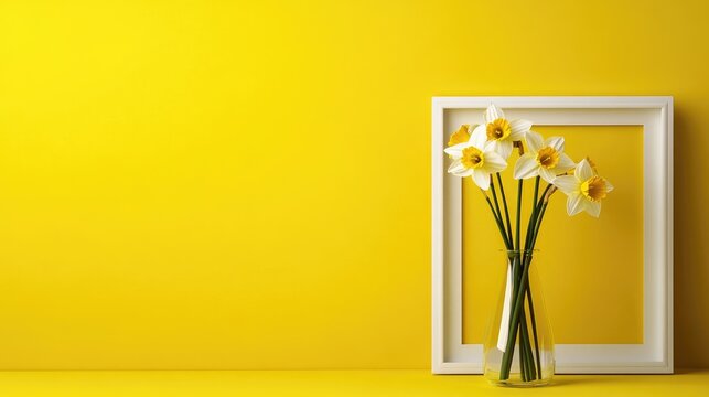 Minimalistic yellow backdrop enhances the elegance of framed daffodil