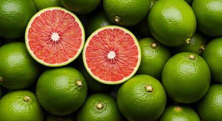 A close-up top-down view of a pile of green limes, with one lime cut in half to reveal a vivid red interior, creating a striking color contrast, high-resolution food