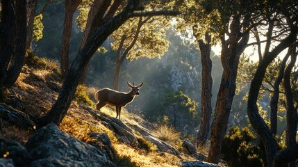 Majestic Stag Standing Among Trees in Sunlit Forest Landscape